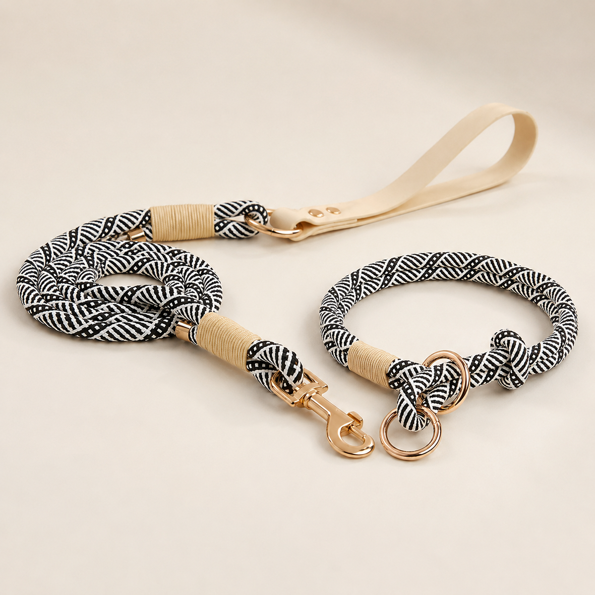 Set collare e guinzaglio in corda – nero, bianco e beige