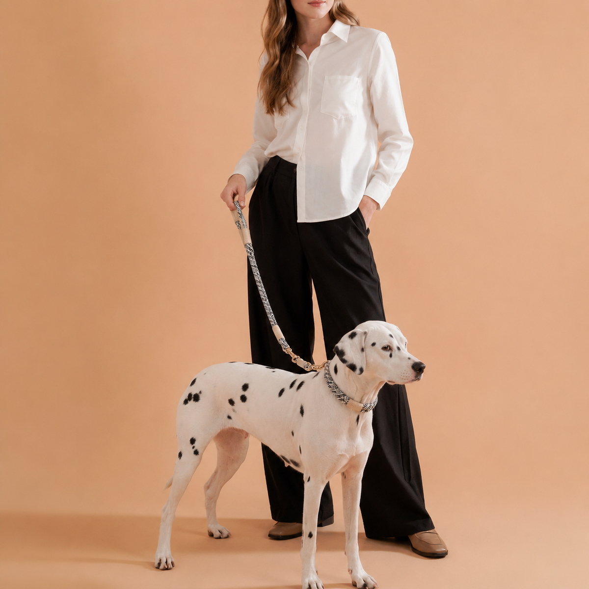 Set collare e guinzaglio in corda – nero, bianco e beige