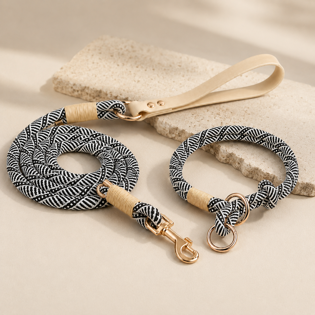Set collare e guinzaglio in corda – nero, bianco e beige