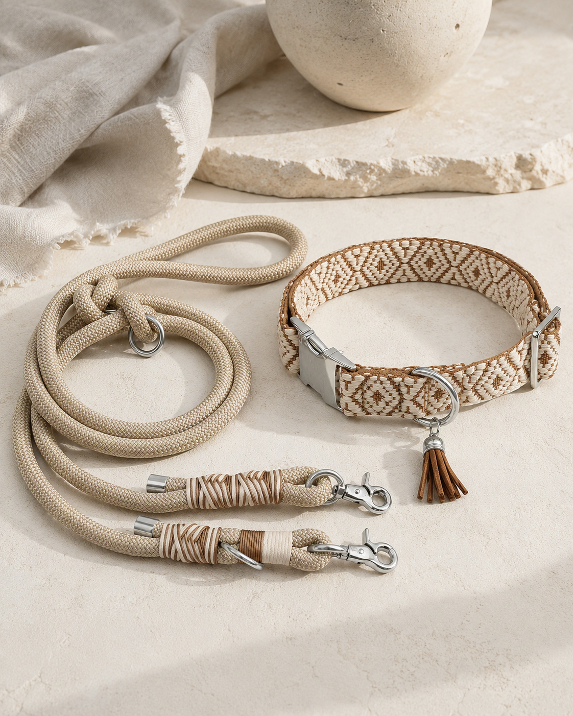 Set collare e guinzaglio intrecciato beige
