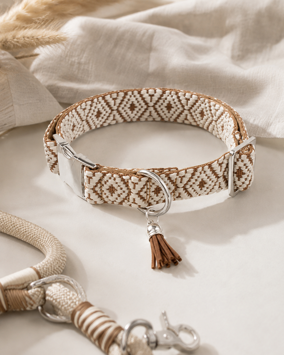 Set collare e guinzaglio intrecciato beige