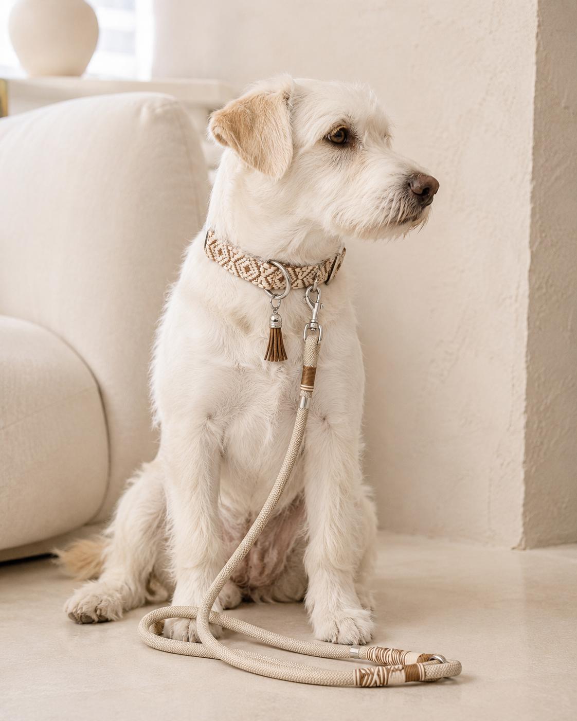 Set collare e guinzaglio intrecciato beige