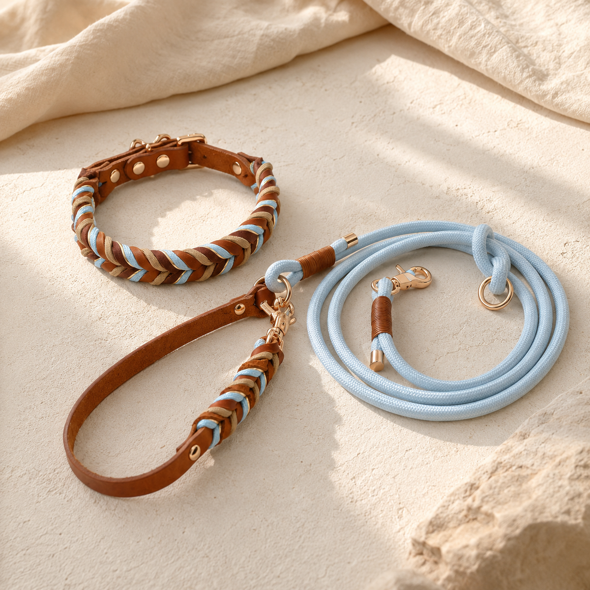 Set collare e guinzaglio intrecciato – blu e marrone