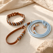 Set collare e guinzaglio intrecciato – blu e marrone