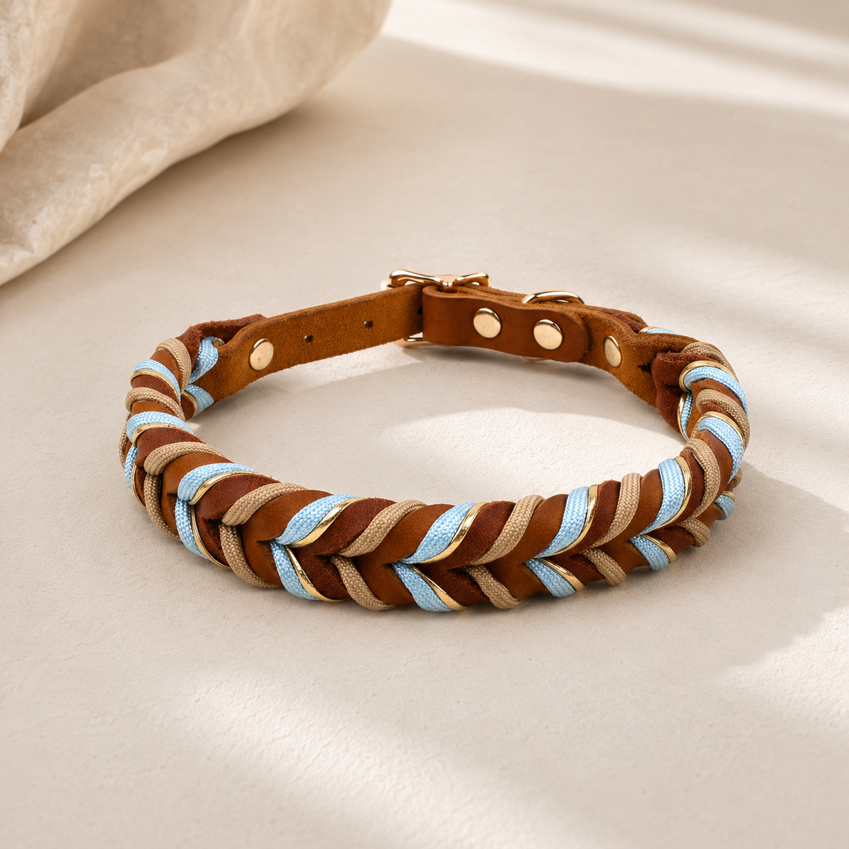 Set collare e guinzaglio intrecciato – blu e marrone