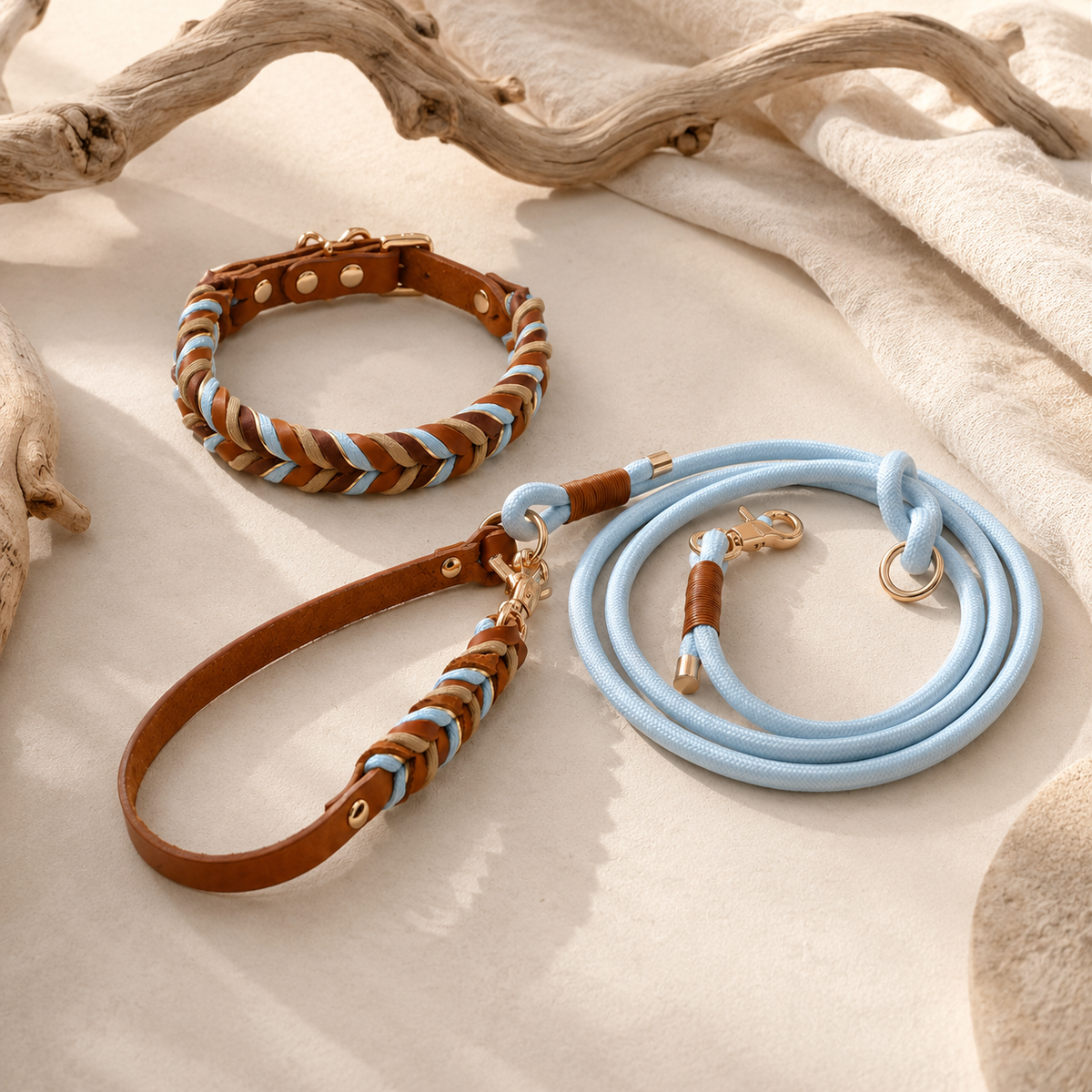 Set collare e guinzaglio intrecciato – blu e marrone