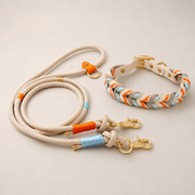 Braided Collar & Leash Set – Cream Orange Blue