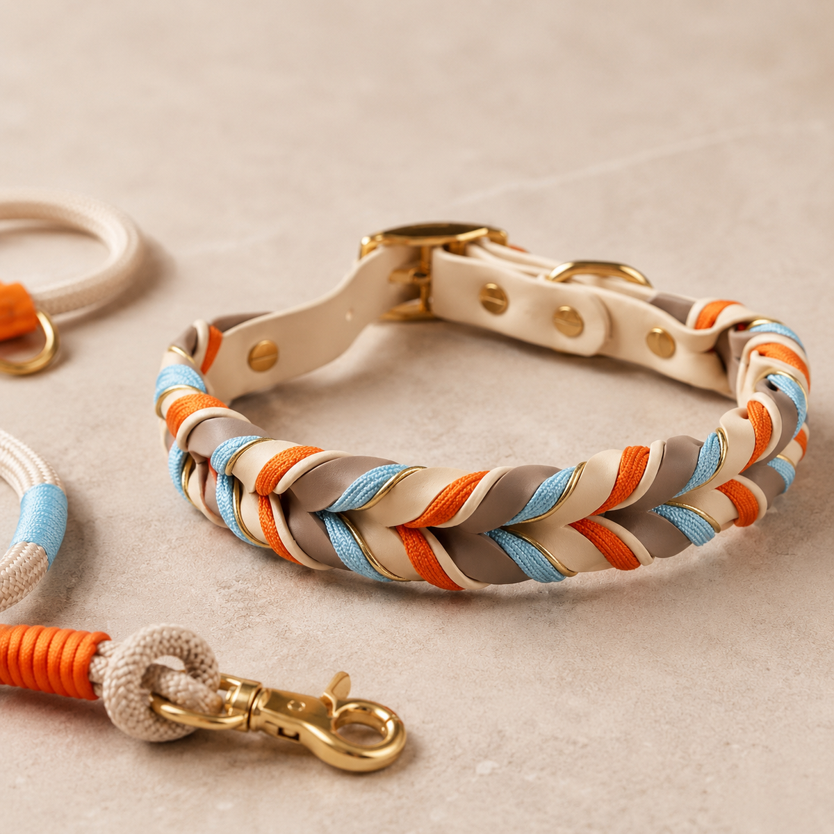 Set collare e guinzaglio intrecciato – crema, arancio e azzurro