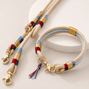 Set aus geflochtenem Halsband und Leine – Schwarz, Weiß und Beige